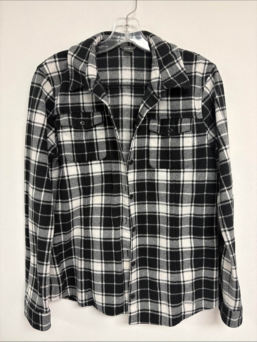 Eddie Bauer Women’s M Plaid Shacket Shirt Jacket Black White Fleece